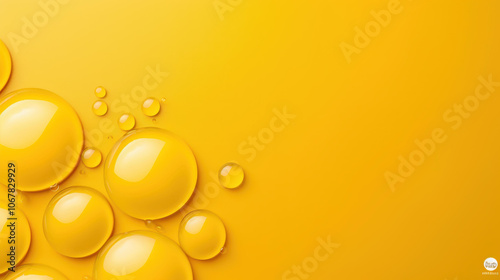 Explore the vibrant blend of oil and water in this closeup. Bubbles dance in a rich yellow backdrop, showcasing the science of mixtures. photo