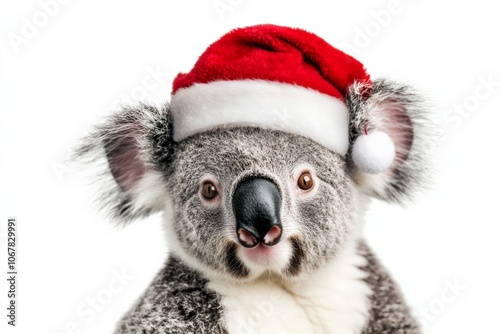 A charming koala wearing a red Santa hat, posed against a bright white background, capturing the essence of playful festivity and natural beauty. photo