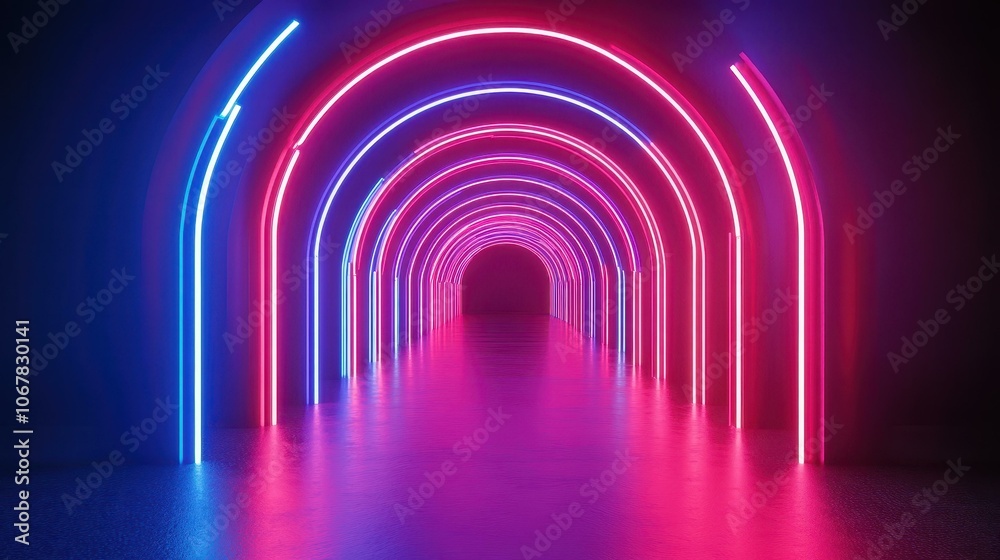 Experience a vibrant neon tunnel adorned with red and blue lights, creating a breathtaking scifi atmosphere at night. Experience a vibrant neon tunnel adorned with red and blue lights, creating a breathtaking scifi atmosphere at night.
