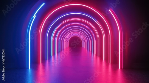 Experience a vibrant neon tunnel adorned with red and blue lights, creating a breathtaking scifi atmosphere at night.