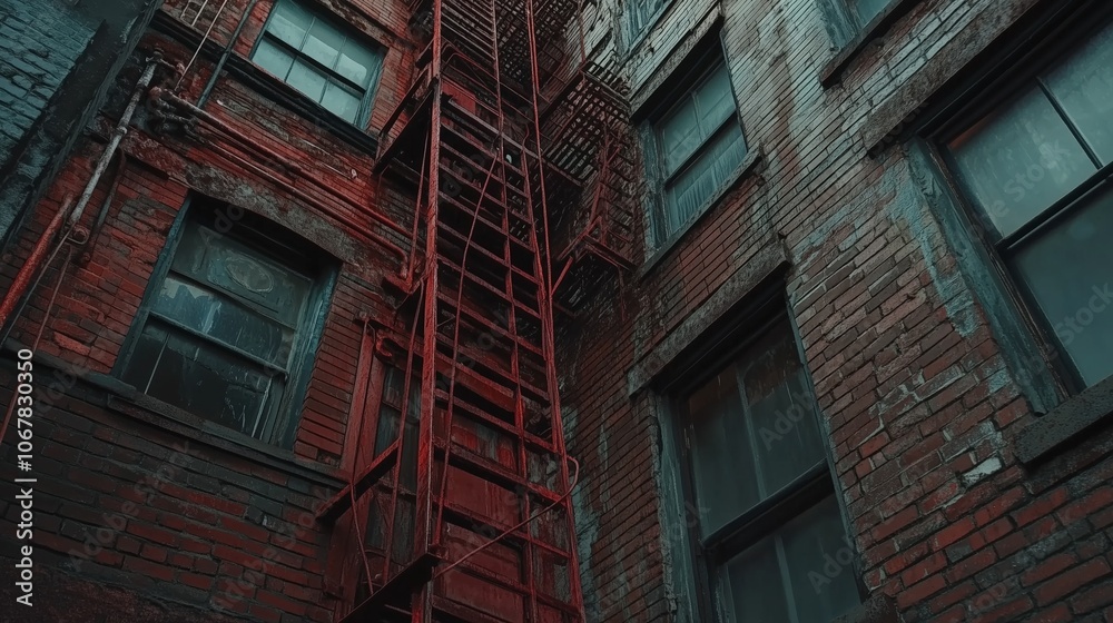Weathered fire escape ladder with rugged textures set against a classic brick building in urban lighting. AI generated Weathered fire escape ladder with rugged textures set against a classic brick building in urban lighting. AI generated