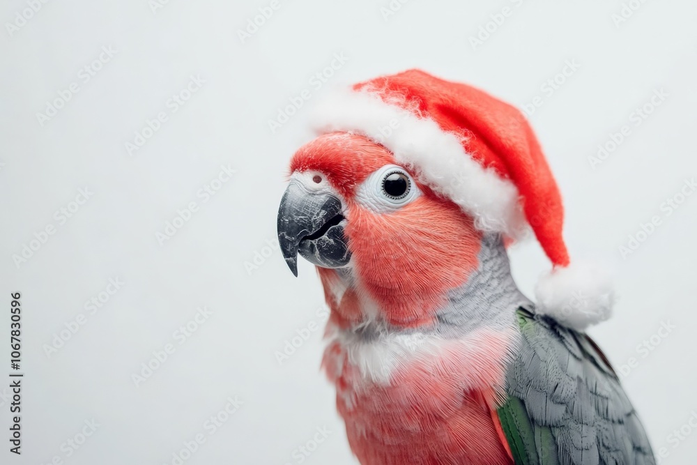 Fototapeta premium A lovely parrot stands with a Santa hat on a white backdrop, blending festivity and nature in a harmonious visual of seasonal warmth and gentle charm.