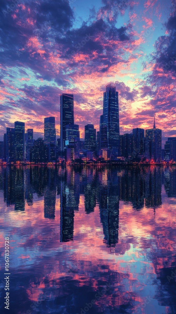 Discover the stunning evening cityscape reflected in water under a vibrant sky Discover the stunning evening cityscape reflected in water under a vibrant sky