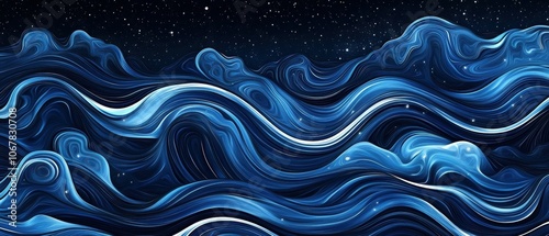 Explore oceanic wave patterns in dark blue hues against a cosmic space backdrop