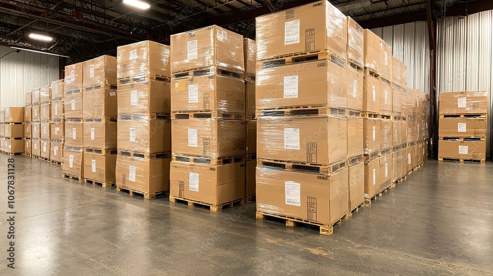 A warehouse filled with neatly stacked cardboard boxes on pallets, organized for storage and distribution.