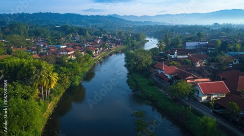 Aerial View of River in Tropical Town