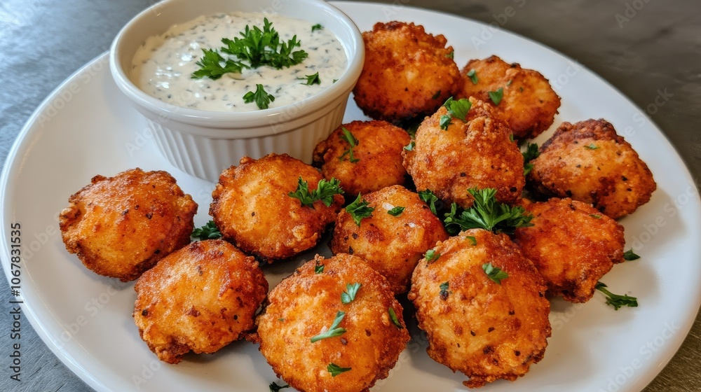 Buffalo chicken wings on a white plate, glazed in fiery sauce and garnished with parsley, paired with a bowl of creamy dressing Buffalo chicken wings on a white plate, glazed in fiery sauce and garnished with parsley, paired with a bowl of creamy dressing
