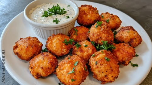 Buffalo chicken wings on a white plate, glazed in fiery sauce and garnished with parsley, paired with a bowl of creamy dressing