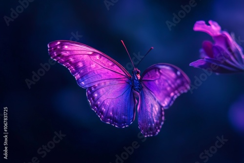 A softly illuminated purple butterfly interacts with an evening blossom, its wings delicately spread from its antennae to the natural floral allure surrounding it.