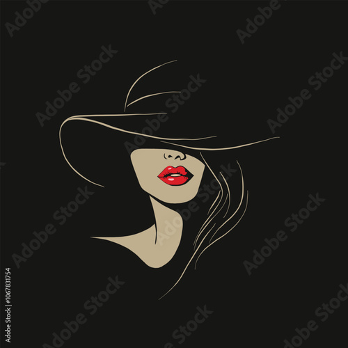 Logo, vector graphic of a beautiful woman with red lips in a black hat with a bobble head, minimalistic design, elegant style
