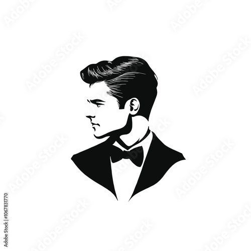 Logo, white background, black and white vector illustration of a man in a tuxedo with slicked-back hair