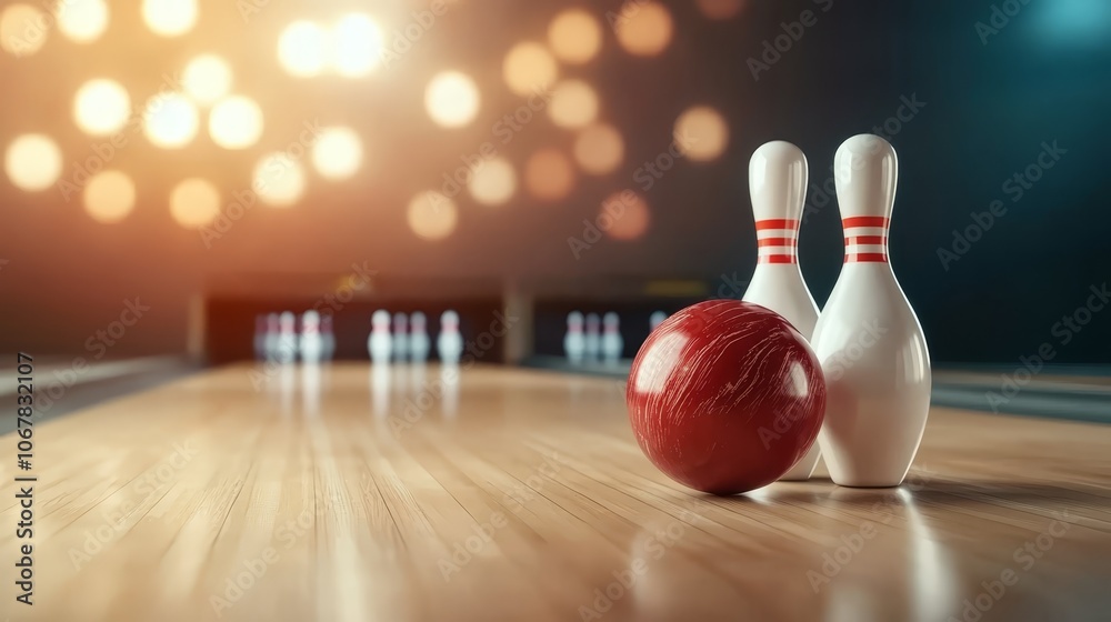 Dynamic bowling action, ball impacts pins on a polished wooden alley, capturing the thrilling moment of strike in vibrant recreational setting. Dynamic bowling action, ball impacts pins on a polished wooden alley, capturing the thrilling moment of strike in vibrant recreational setting.