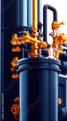 Industrial valve system with black and orange components, white isolated background. photo