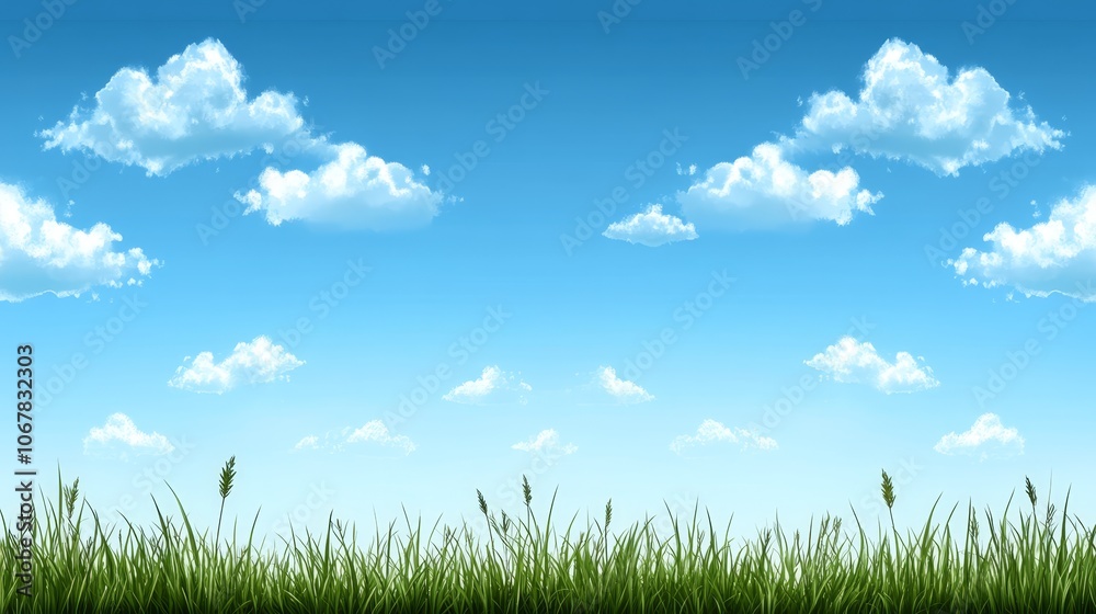 Tranquil nature scene, expansive green grass field under a cloudy blue sky lush Tranquil nature scene, expansive green grass field under a cloudy blue sky lush
