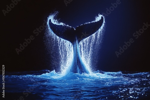 An awe-inspiring capture of a whale tail magnificently rising and splashing under a moonlit sky, creating a breathtaking aurora of water droplets glowing in blue. photo