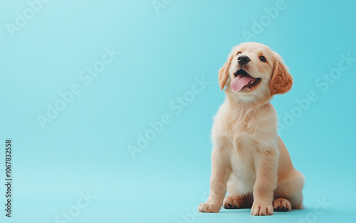 Wallpaper Mural Golden retriever puppy sitting happily with tongue out against blue background, showcasing its playful and friendly nature Torontodigital.ca