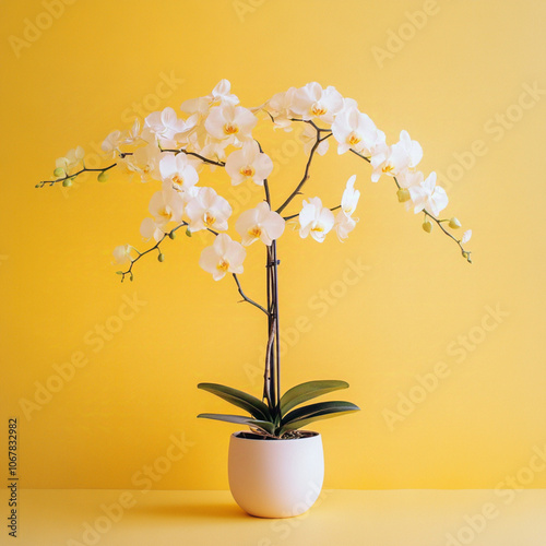 Free space with an orchid tree in the middle, The color of the picture is warm, white, yellow. photo