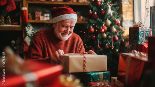 Happy senior man with gift box in holiday season.