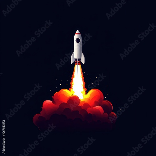 Rocket launching into space with fiery exhaust, black background. photo