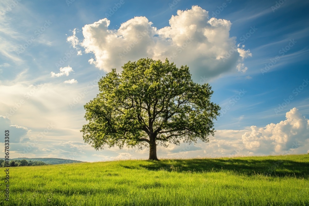 A majestic tree stands lone in a lush, green field under clear blue skies with fluffy clouds, evoking themes of strength, growth, and natural beauty against simplicity. A majestic tree stands lone in a lush, green field under clear blue skies with fluffy clouds, evoking themes of strength, growth, and natural beauty against simplicity.