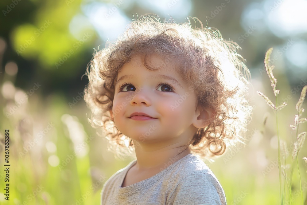 An adorable toddler with curly hair beams joyfully, framed by a sunlit meadow, embodying innocence and the carefree spirit of childhood in a natural setting. An adorable toddler with curly hair beams joyfully, framed by a sunlit meadow, embodying innocence and the carefree spirit of childhood in a natural setting.