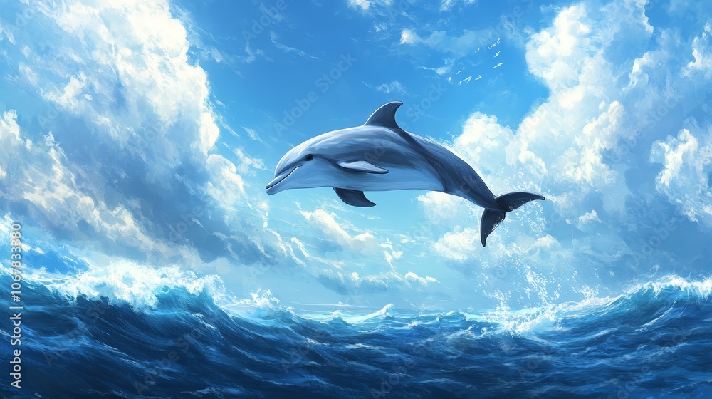 Fototapeta premium Playful dolphin leaping through ocean waves under a cloudy sky