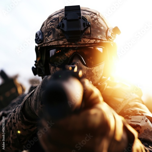Soldier aiming weapon at the camera, sunlight creating a dramatic effect.