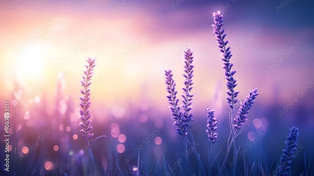 Naklejka premium Tranquil meadow, lavender flowers in soft light creating a picturesque and serene landscape