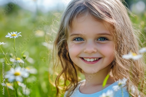 A young girl with long hair smiles broadly in a sunlit field of daisies, capturing a moment of pure joy and natural beauty in a rural setting with vibrant colors.