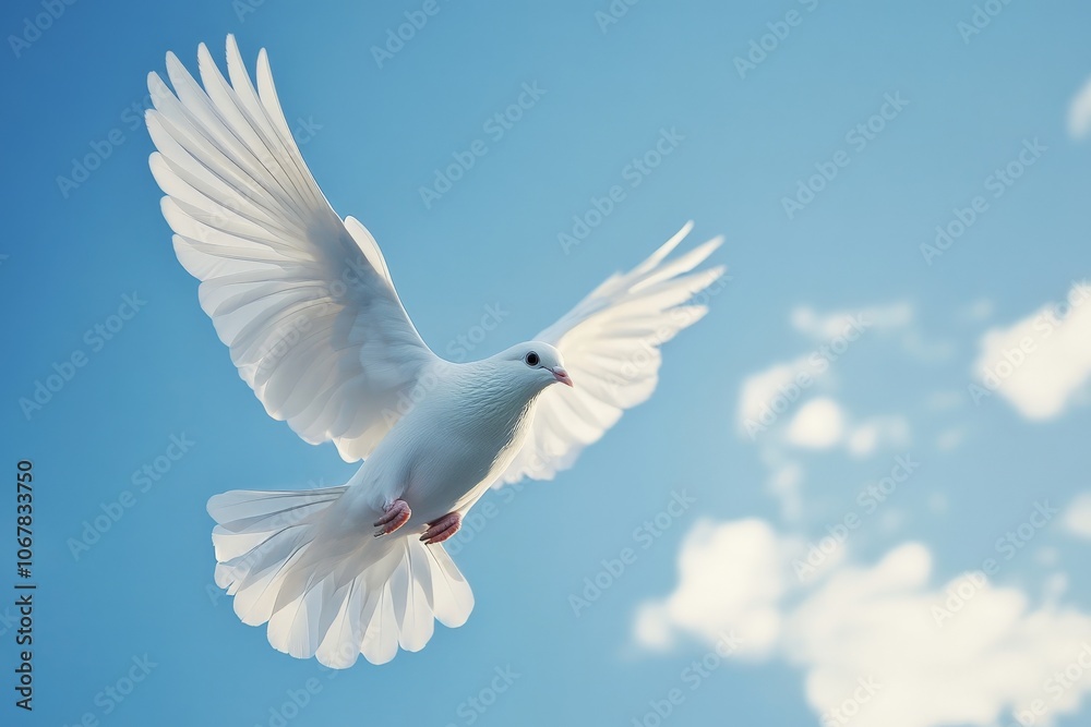A pure white dove with outstretched wings gracefully soars through a bright blue sky, symbolizing peace and tranquility on a sunny day. A pure white dove with outstretched wings gracefully soars through a bright blue sky, symbolizing peace and tranquility on a sunny day.