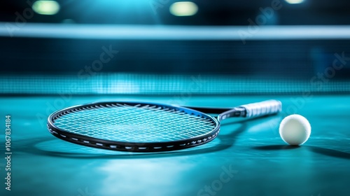 Closeup of a tennis racket and ball on brightly lit court, ready for an energetic serve