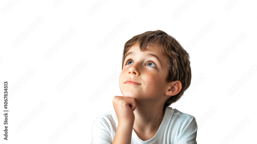 Curious young boy, thinking and looking up with hand on chin, isolated on transparent background Curious young boy, thinking and looking up with hand on chin, isolated on transparent background