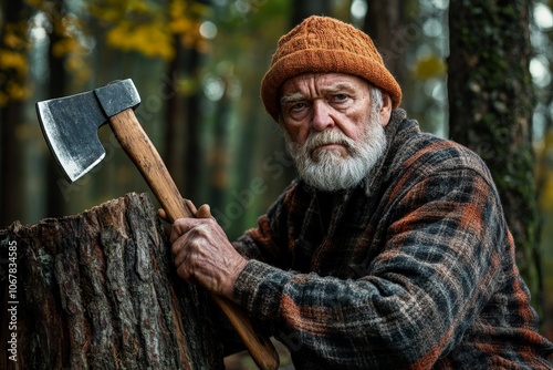 A grizzled woodworker in an orange knit hat sits by a tree stump with his axe, capturing the essence of rustic life and gentle tenacity. photo