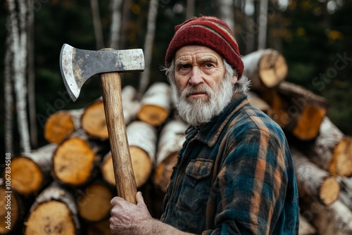 A seasoned lumberjack with a hint of weariness stands holding an axe among neatly stacked logs, symbolizing hard work and dedication in forestry.