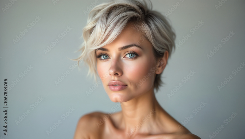 Fototapeta premium A striking portrait of a woman with a chic short hairstyle, exuding confidence and sophistication. Ideal for fashion, beauty, and lifestyle concepts.