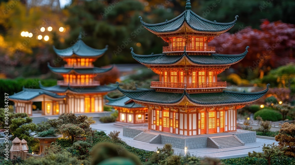 Obraz premium A miniature Chinese pagoda model with lights illuminating the windows, surrounded by miniature trees and a small garden.