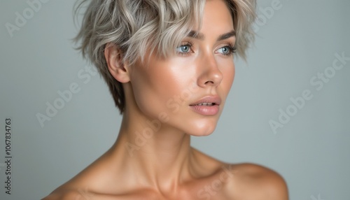 A striking portrait of a woman with a chic short hairstyle, exuding confidence and sophistication. Ideal for fashion, beauty, and lifestyle concepts.