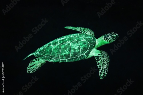 A luminous green turtle elegantly swims through deep dark waters, its shell glowing majestically, creating an enchanting underwater spectacle of tranquility. photo