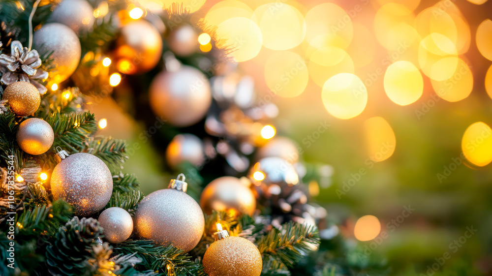 Close-up of a holiday wreath adorned with silver and gold ornaments and illuminated with soft fairy lights for New Year's celebration Close-up of a holiday wreath adorned with silver and gold ornaments and illuminated with soft fairy lights for New Year's celebration