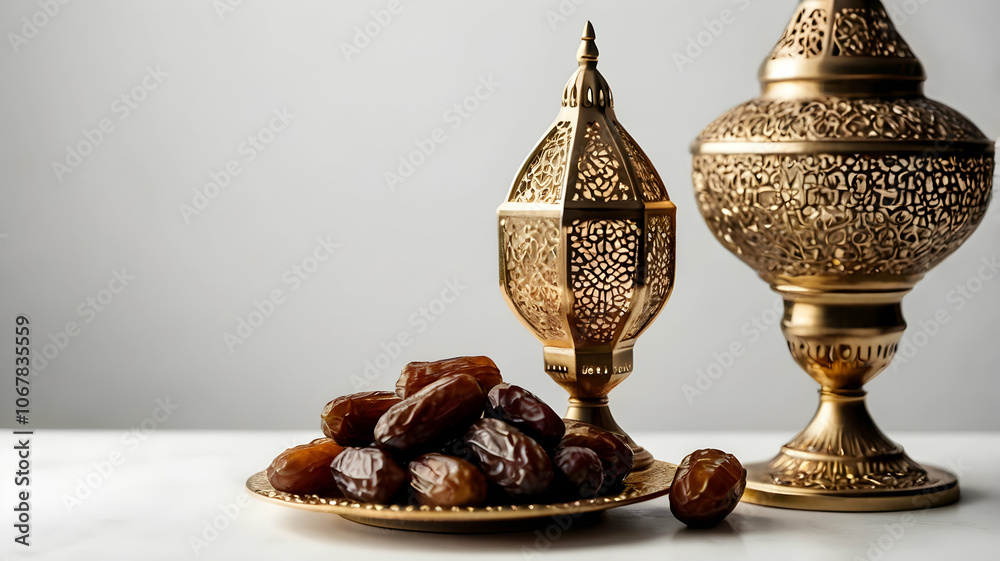 Muslim lamp and dates on white background. Space for text Muslim lamp and dates on white background. Space for text