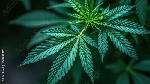 Close-up of vibrant green cannabis leaves against a dark background.