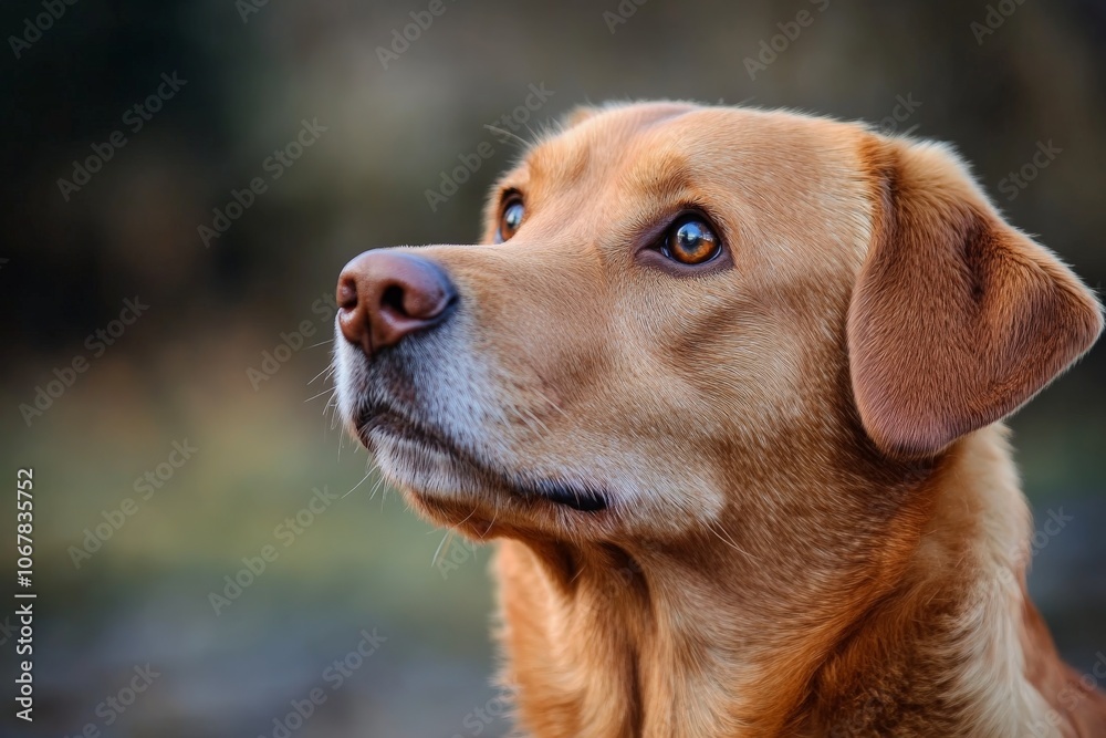 A close-up of a dog with intent eyes glances into the distance, embodying curiosity and alertness against a blurred natural background, ready for adventure. A close-up of a dog with intent eyes glances into the distance, embodying curiosity and alertness against a blurred natural background, ready for adventure.