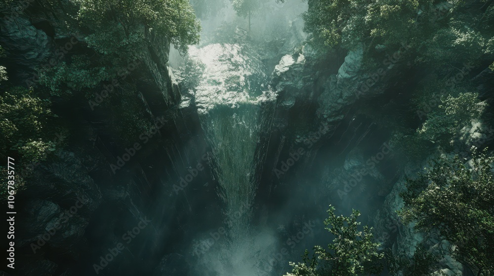 Experience the tranquility of a crystal clear waterfall in a dense forest oasis Experience the tranquility of a crystal clear waterfall in a dense forest oasis