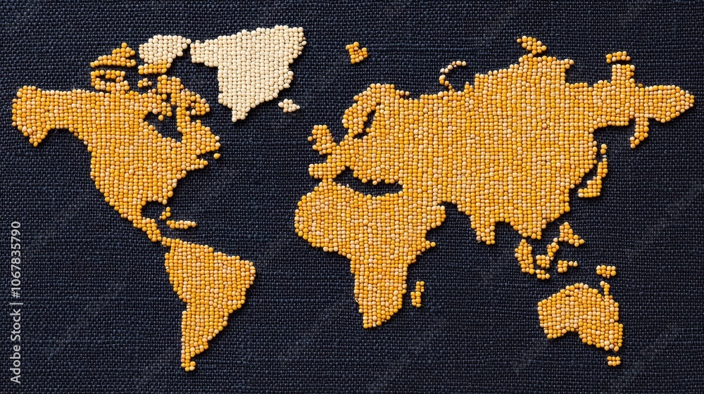 Fototapeta premium Global Agricultural Market Trends: World Map with Corn Prices Overlay Illustrating Economic Impact