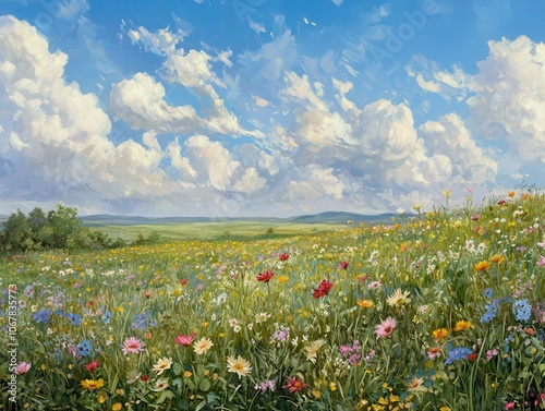 Discover the beauty of wildflowers in a lush meadow under a vast open sky photo