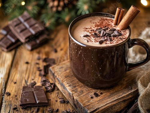 Enjoy a rich and creamy steaming cup of hot chocolate on a cozy wooden table
