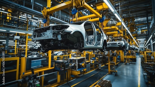 Wallpaper Mural Automotive assembly line featuring suspended car frames in a modern manufacturing facility during daytime Torontodigital.ca