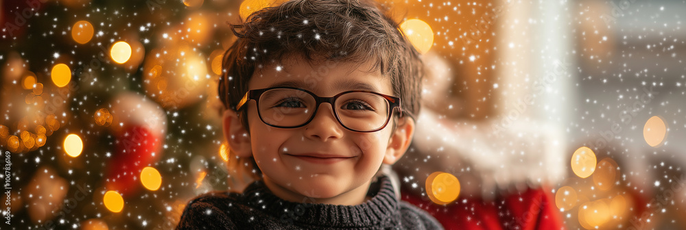 Banner of Christmas celebration, friendly Santa Claus with joyful beard shared an emotional moment with glad boy, embodying spirit of holiday and spreading optimism during this special occasion. Banner of Christmas celebration, friendly Santa Claus with joyful beard shared an emotional moment with glad boy, embodying spirit of holiday and spreading optimism during this special occasion.