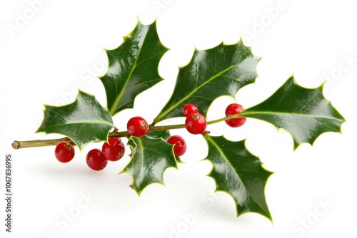 A sprig of holly with green leaves and red berries isolated on a white background