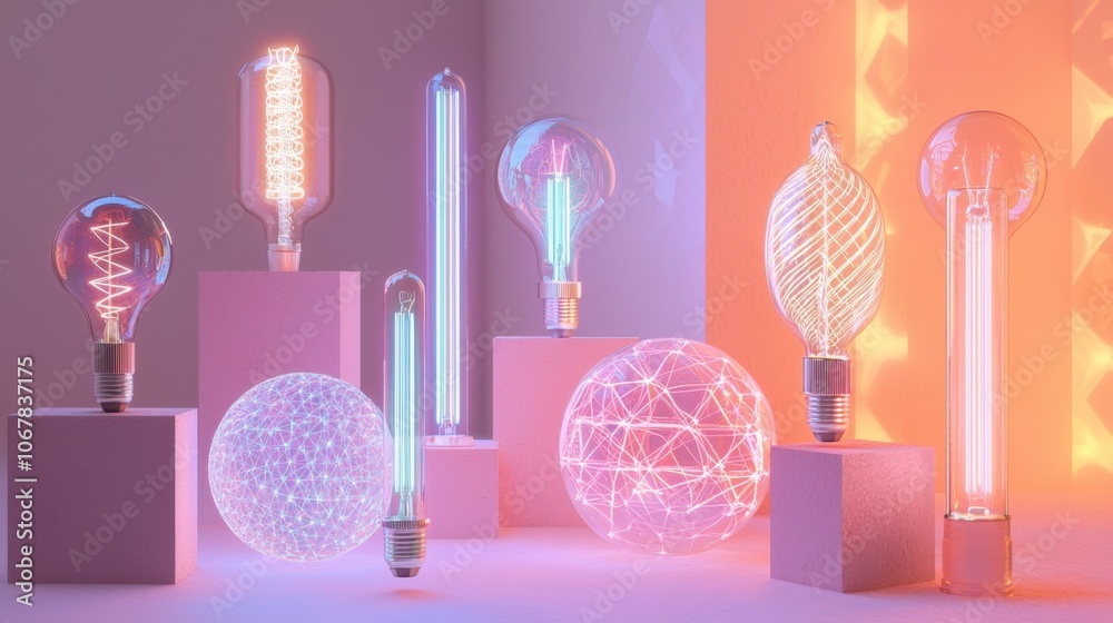 Colorful Neon Light Bulbs in Creative Display